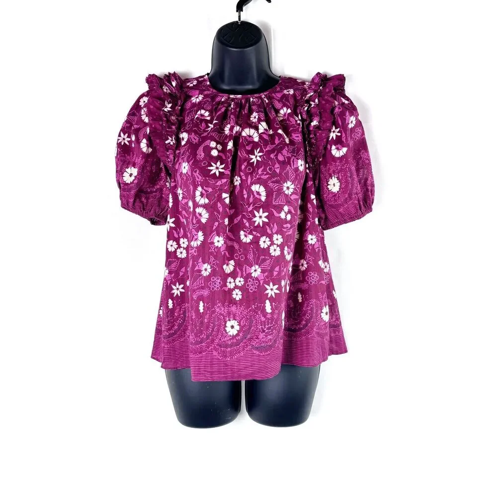 Ulla Johnson Arbor Red Embroidered Floral Puff Sleeve Cotton Top Size 0